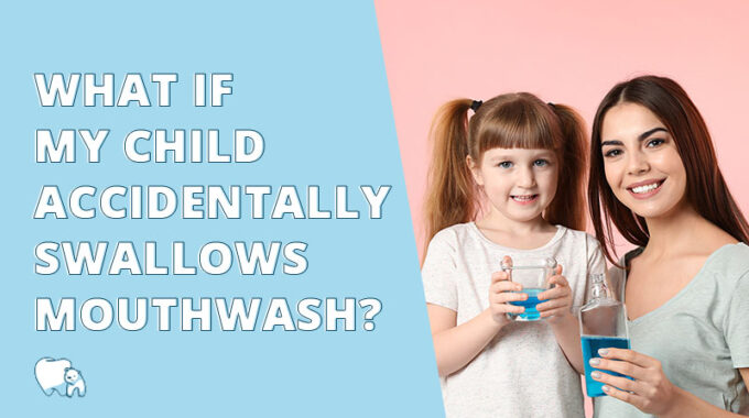 Child and mother with a cup and a bottle of mouthwash